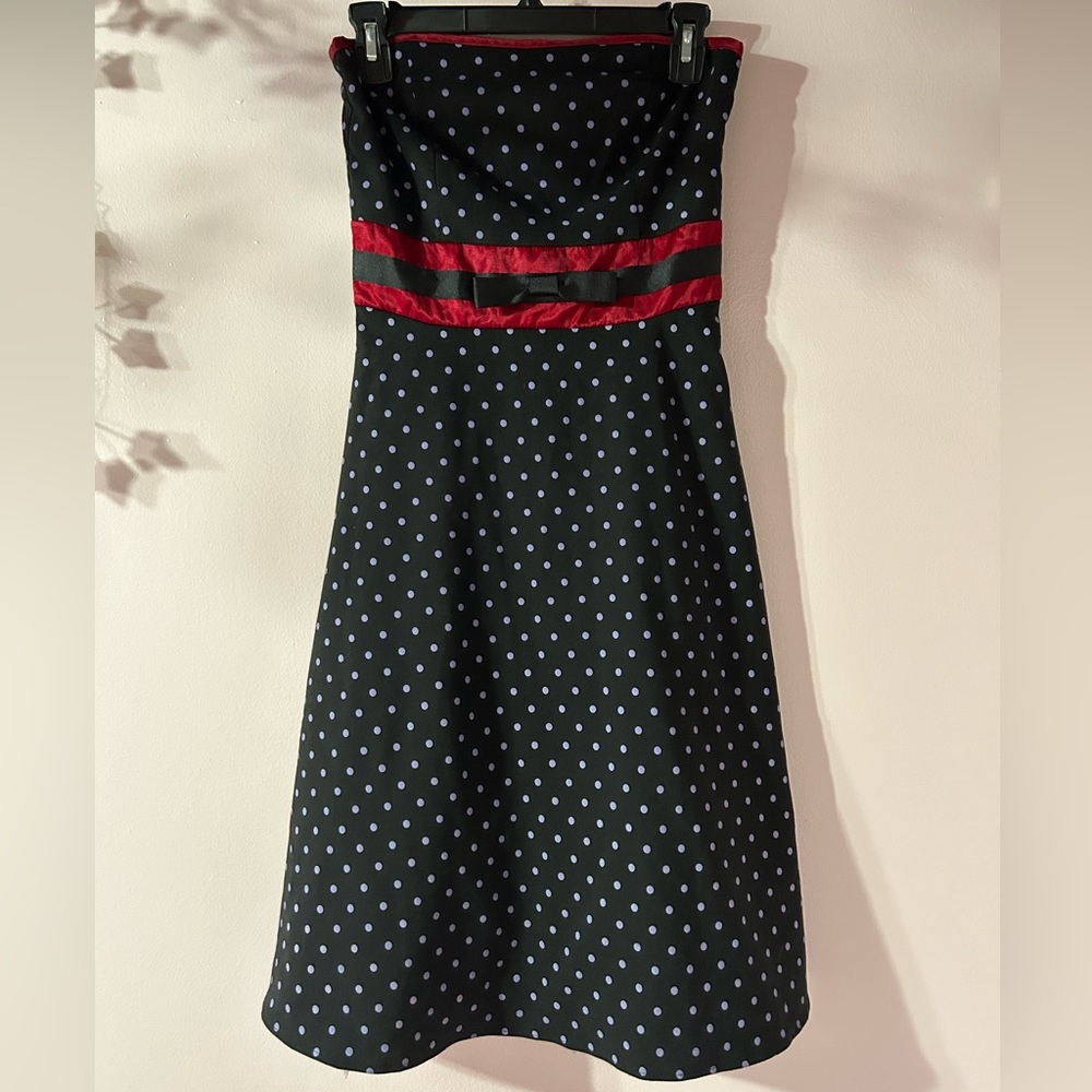 Women’s black and red with lavendar polka dot strapless dress